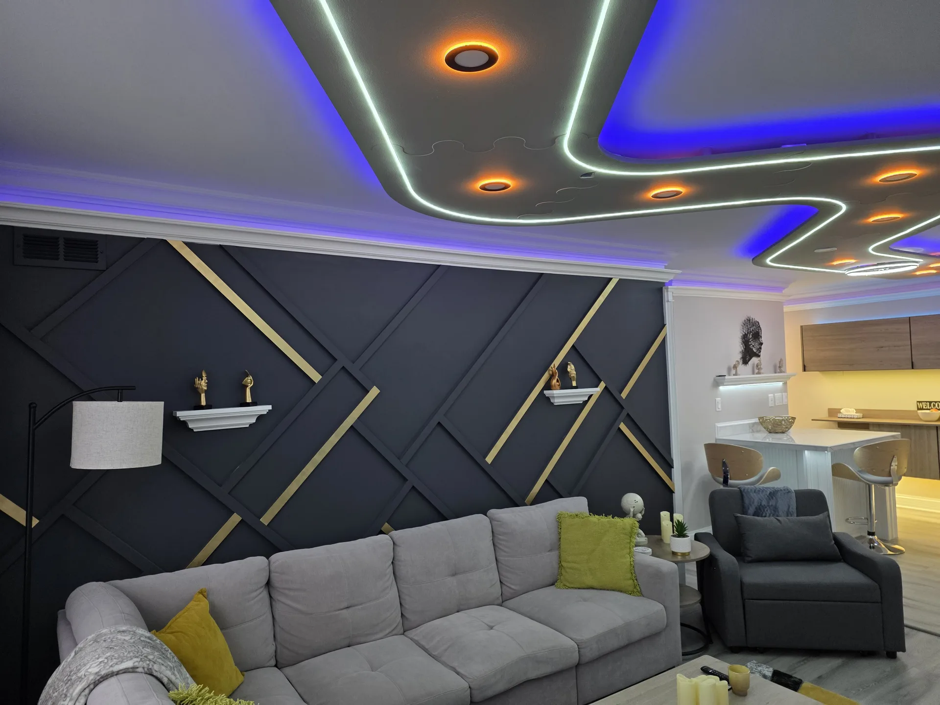 Slat wall living room with sofa