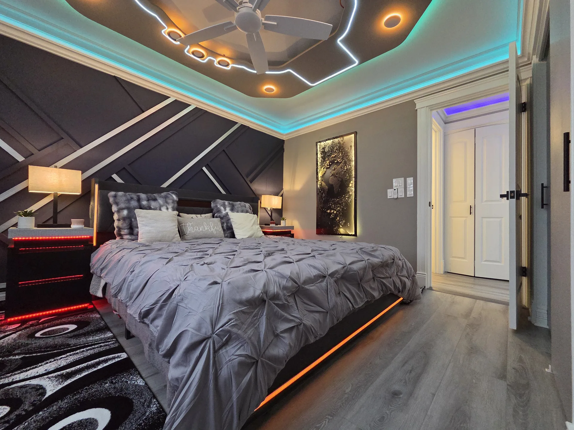 LED bedroom teal ceiling panelling