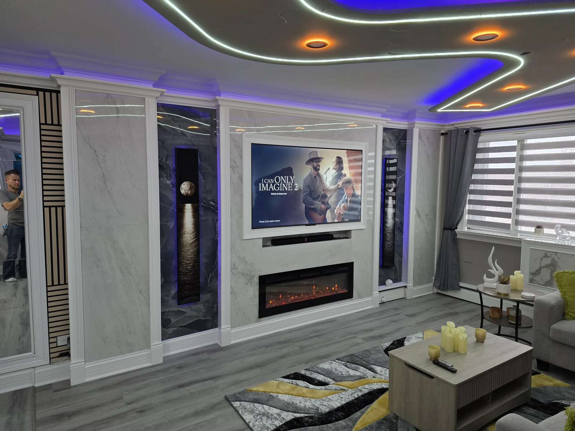 Living room electric fireplace TV wall