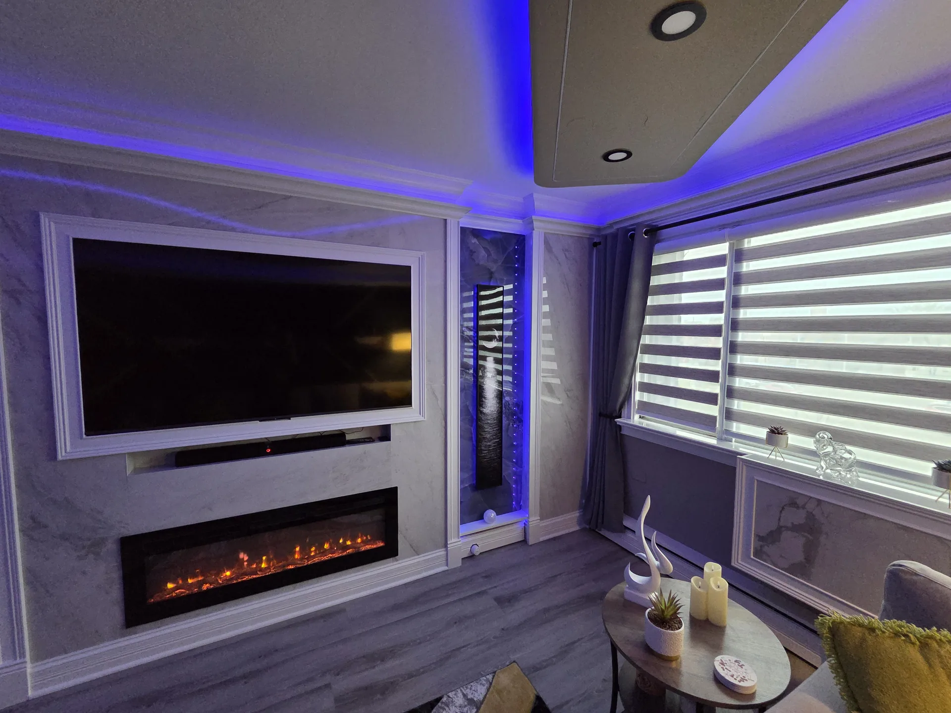 Living room fireplace window view