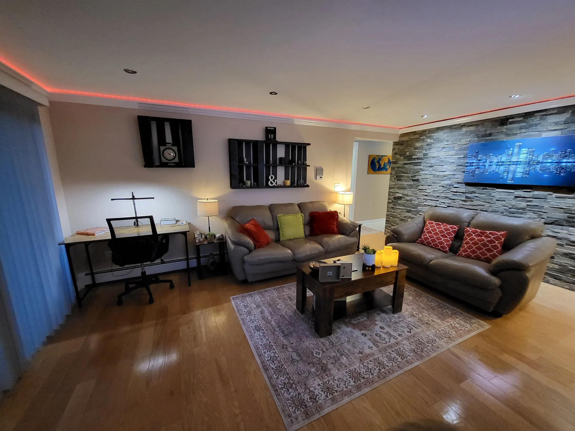 Living room stone wall RGB ceiling