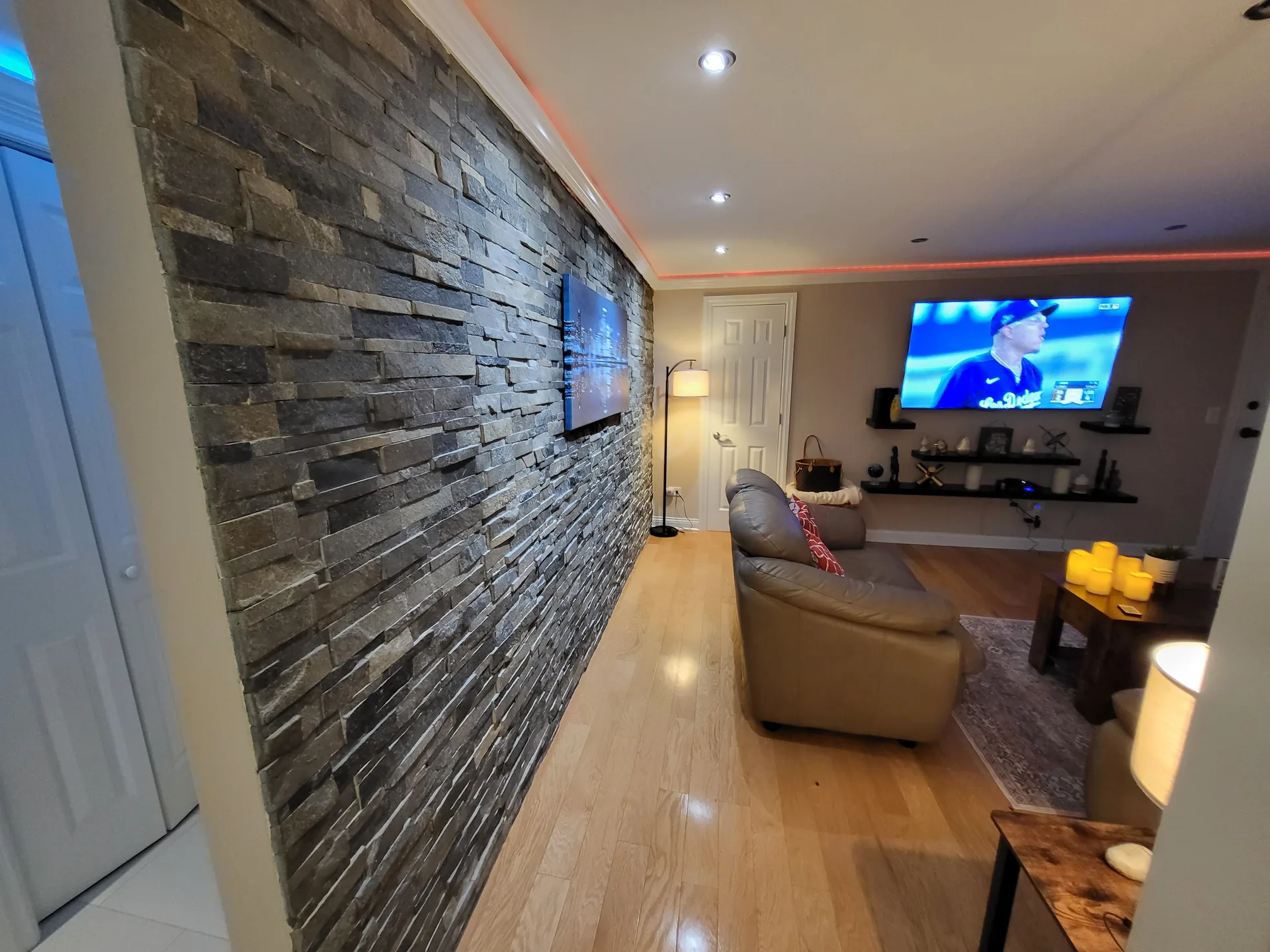 Stone accent wall living room