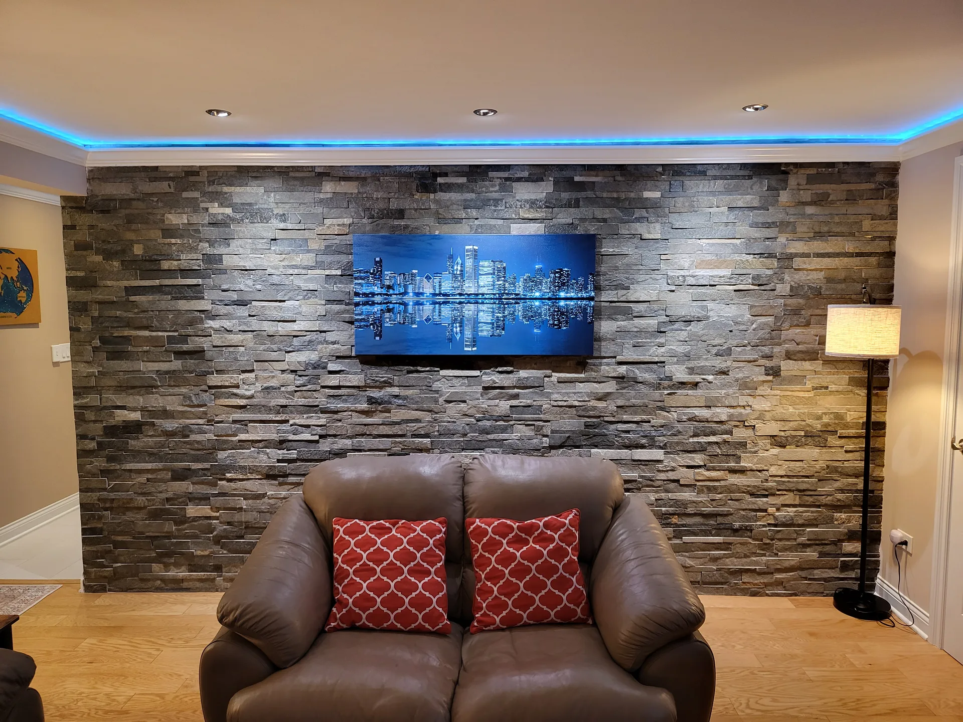 Stone feature wall TV lounge
